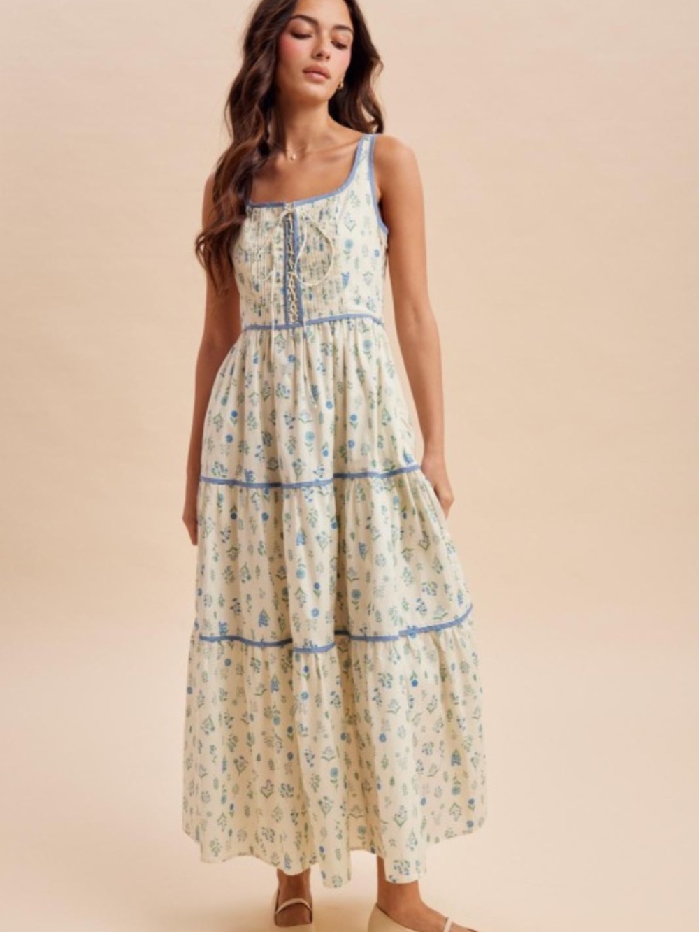 Cotton Floral Lace Up Maxi Dress - Picture 3 of 6